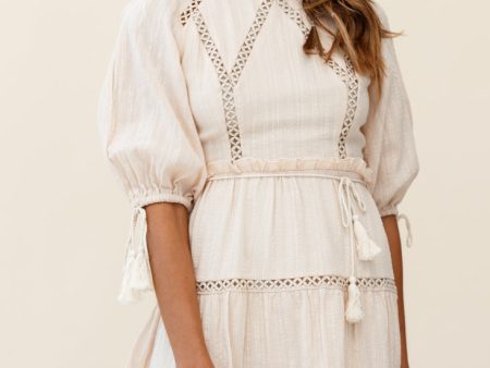 Antonia Half Puff Sleeve Crochet Detail Dress Beige on Sale