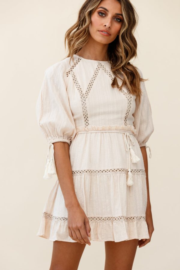 Antonia Half Puff Sleeve Crochet Detail Dress Beige on Sale